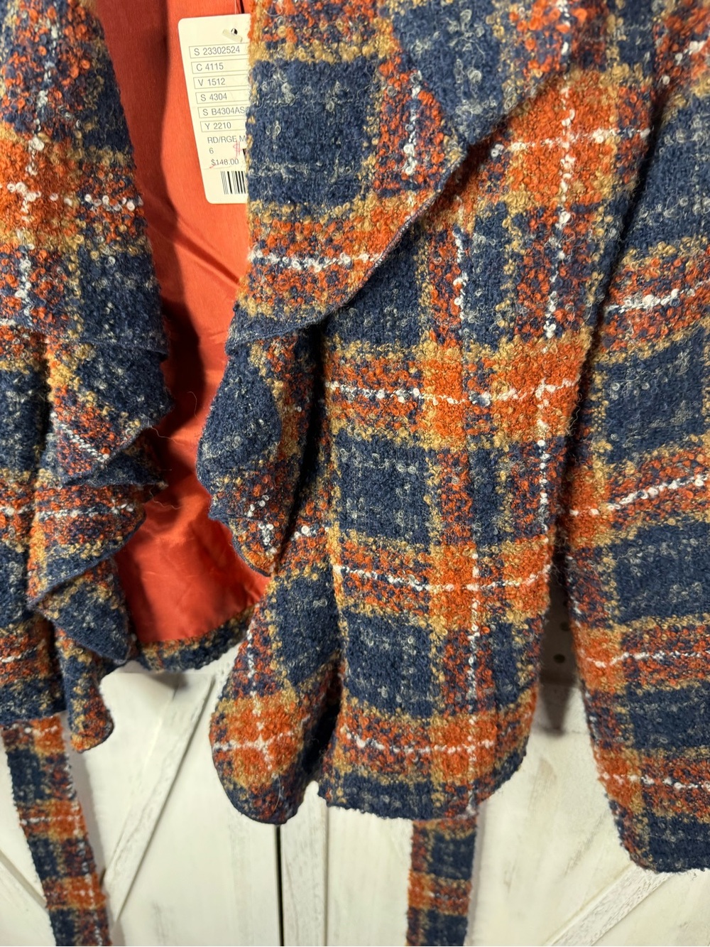 Tabitha Wool Blend Plaid Tie Waist Blazer Jacket Navy Rust Orange Size 6 NWT - Picture 6 of 12